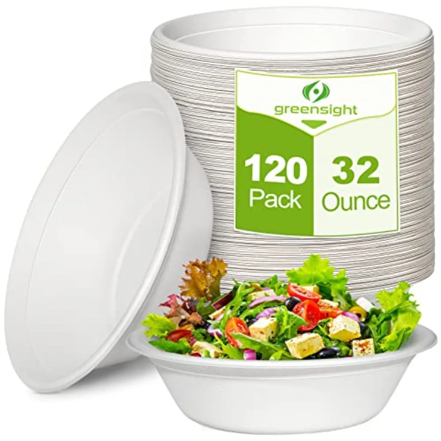 

Large Compostable Paper Bowls - 32 oz, 120 Pack, Heavy Duty, Disposable for Hot Soup, Salads, Cereals