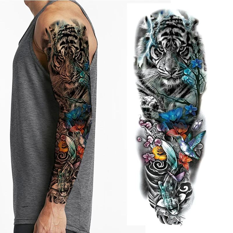 Tatuaje temporal impermeable de brazo completo para hombre y mujer, pegatina de Tigre, León, Ojo de Lobo, arte corporal, manga, Flash, tatuaje de hombro falso