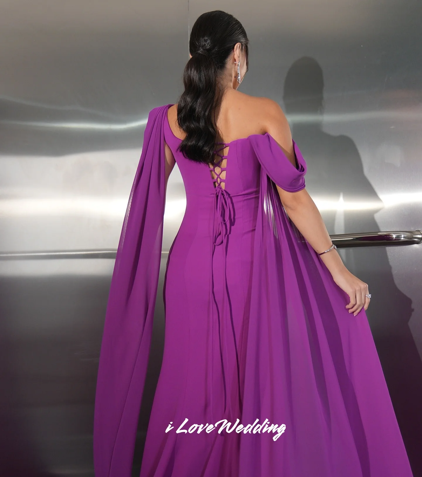 Purple Off Shoulder Evening Dress 2025 Pleat Shawl Mermaid Backless Lace-up Floor-Length Elegant Wedding Guest Dress Customized