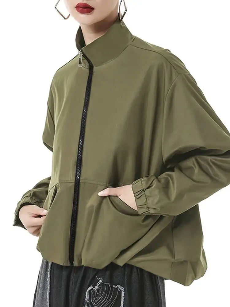 

Army Green Pocket Big Size Casual Jacket New Stand Collar Long Sleeve Women Coat Fashion Tide Spring Autumn