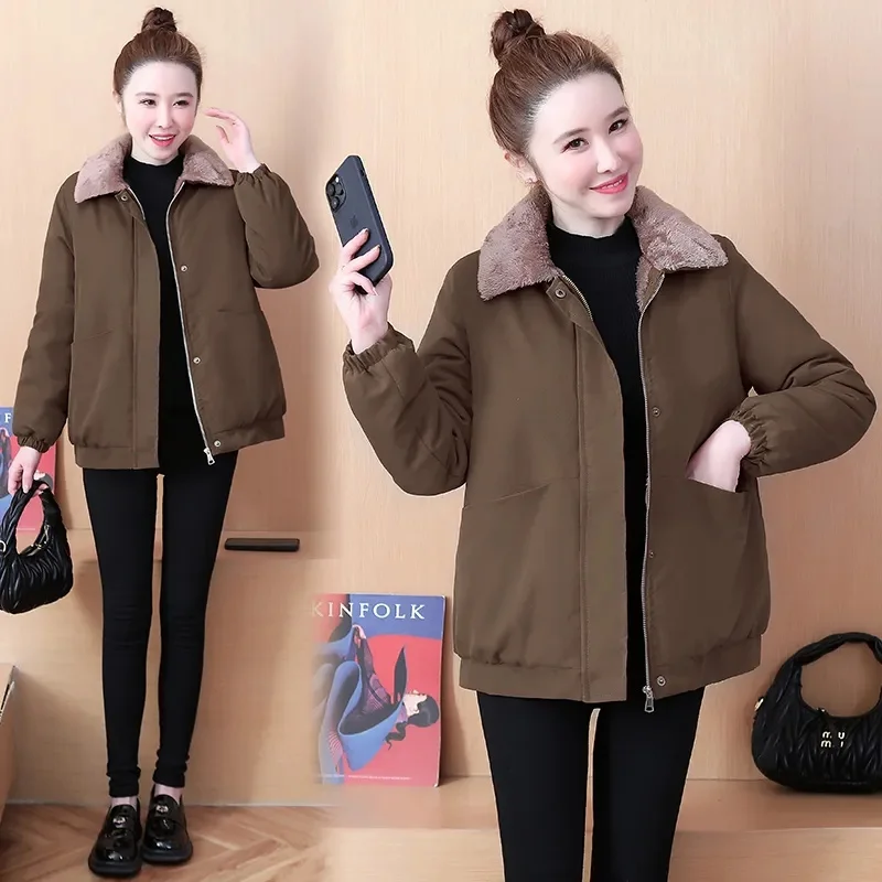 New Women's Cotton Clothes Add Velvet Thicken Fur Collar Winter Jacket Fashion Warm Snowy Overcoat Parker Female Tops