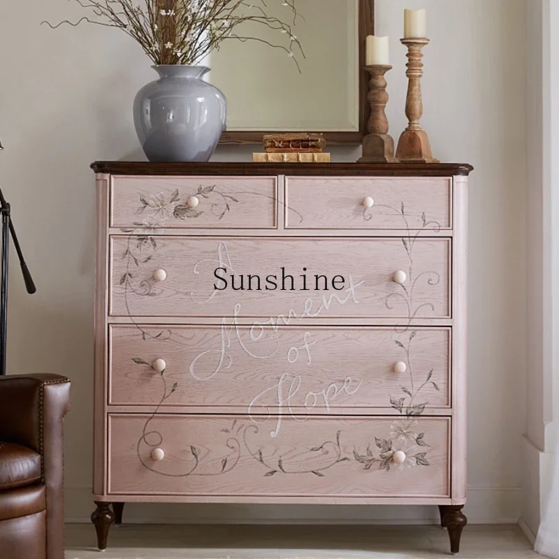 

Retro chest of drawers, living room against the wall, solid wood storage cabinet, American painted high-end locker