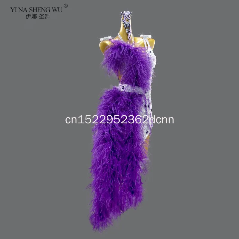 

Элитный индивидуальный костюм для латиноамериканских танцев с камнями AB и перьевыми бахромами для танго, самбы, румбы - Роскошное платье для выступлений