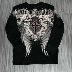 Affliction Long sleeves T Shirts 90s Womens Graphic Print Oversized T Shirt  New Harajuku Gothic Round Neck Cotton Casual Tops