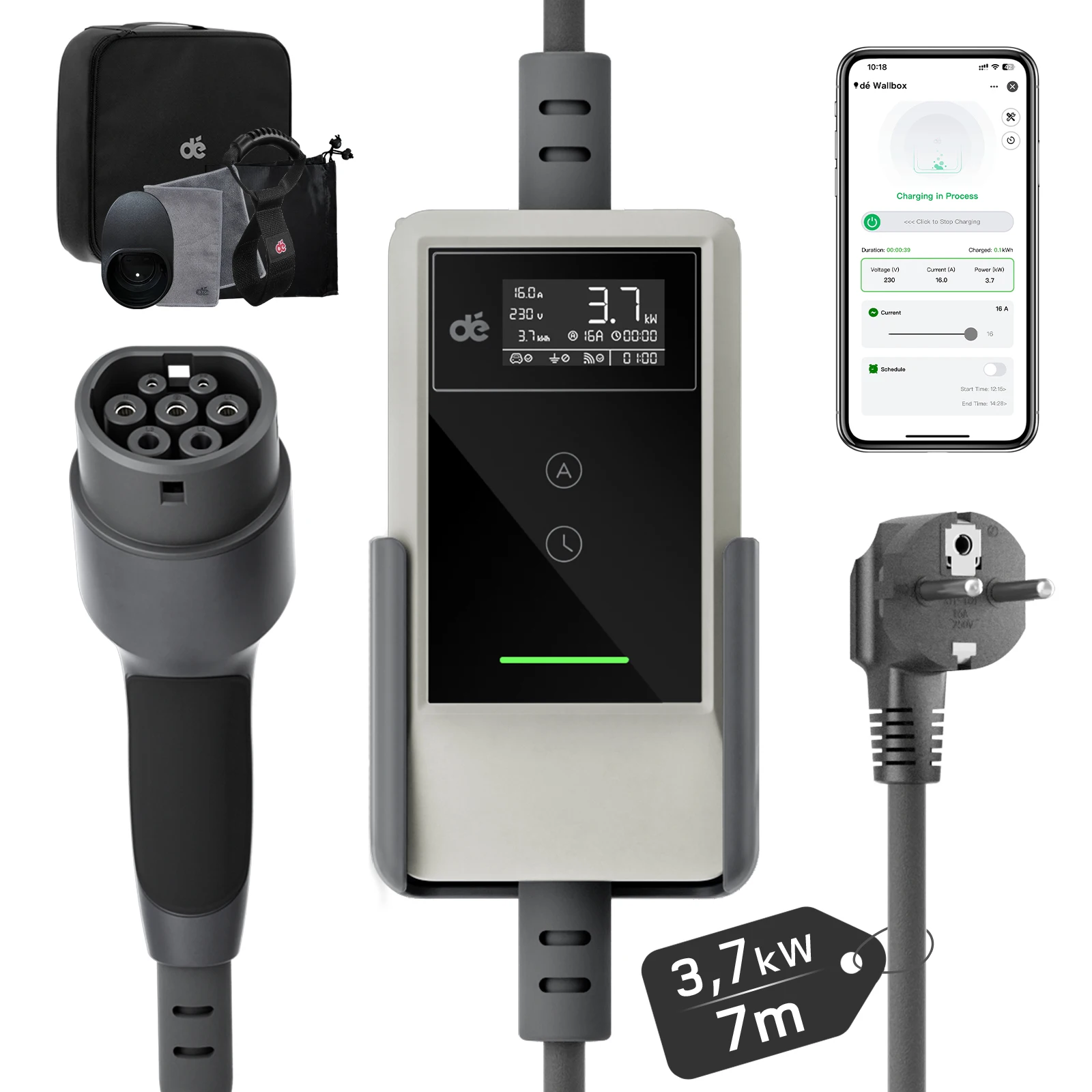 dé 3,7kW auto ladegerät typ 2 mit App erhältlich mit 5,5m, 7m, 10m, 15m, 20m und 25m Ladekabel, 1-phasig, 6A–16A Stromregulierung, Schuko Plug & Play für EV PHEV