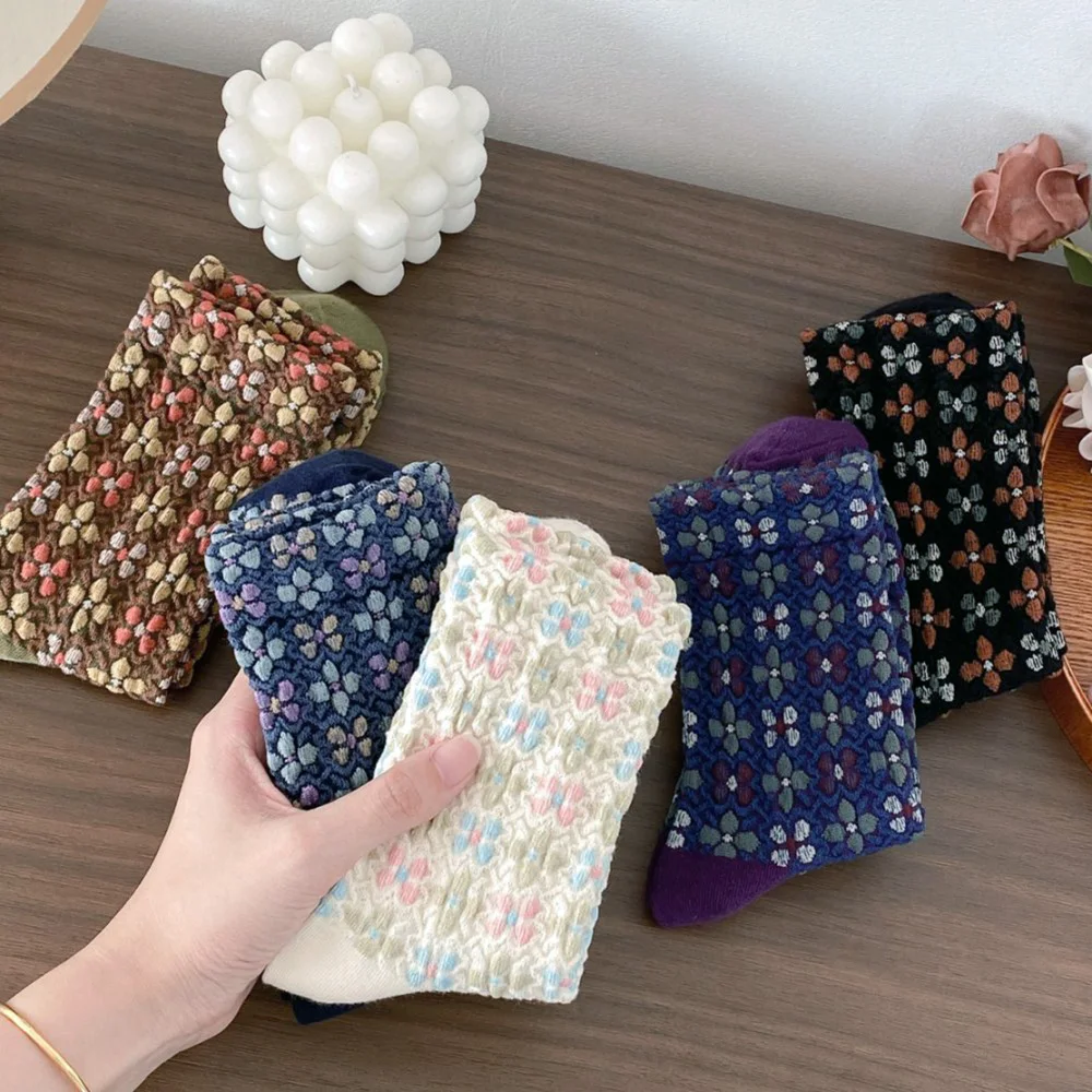 5 Pair/Lot Fashion Print Patterns Women Socks Vintage Harajuku Middle Tube Cute Street Style Autumn  Winter Long Sokken Vrouwen