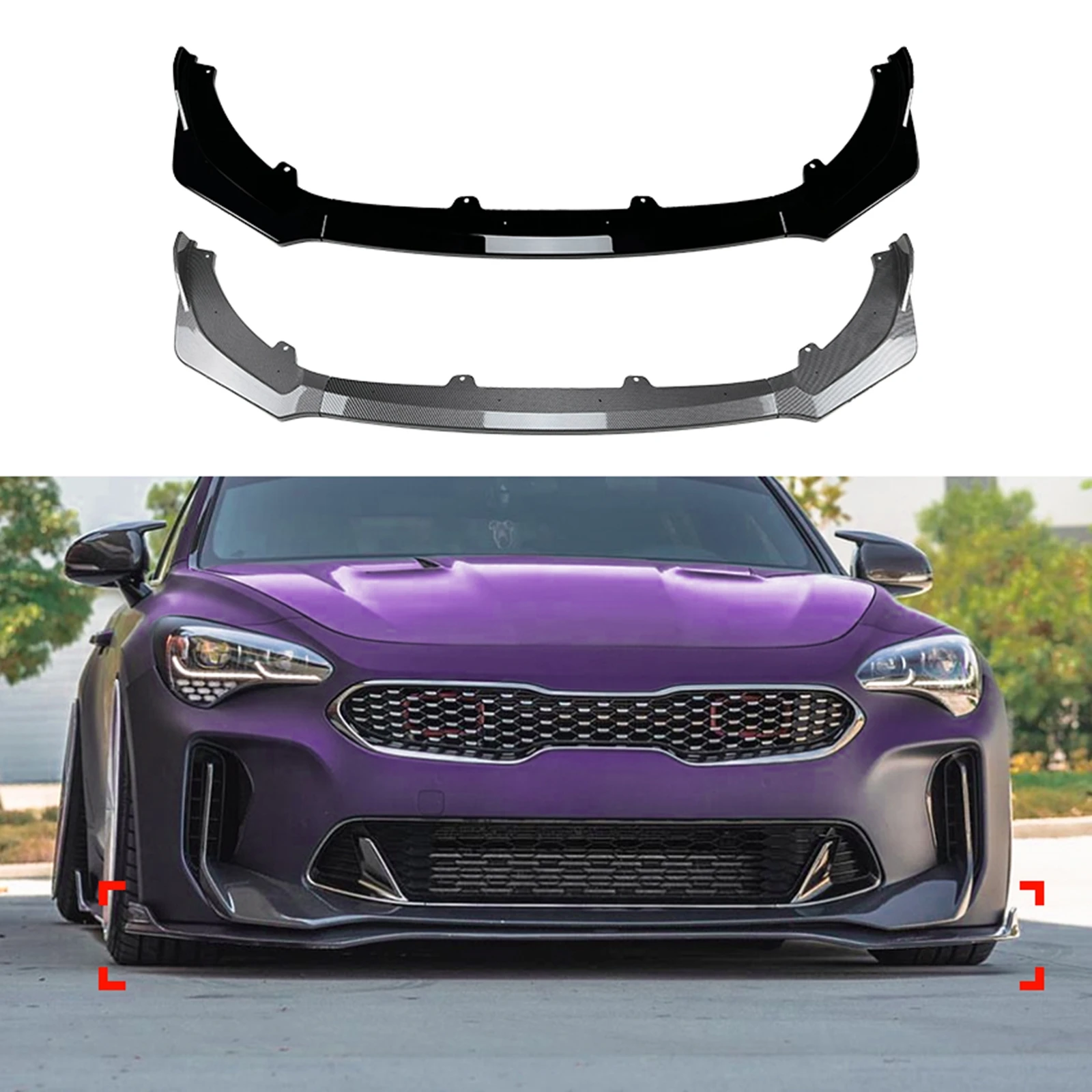 

Front Bumper Spoiler Lip For Kia Stinger 2018 2019 2020 2021 2022 2023 2024 Carbon Fiber Look/Glossy Black Lower Splitter Blade