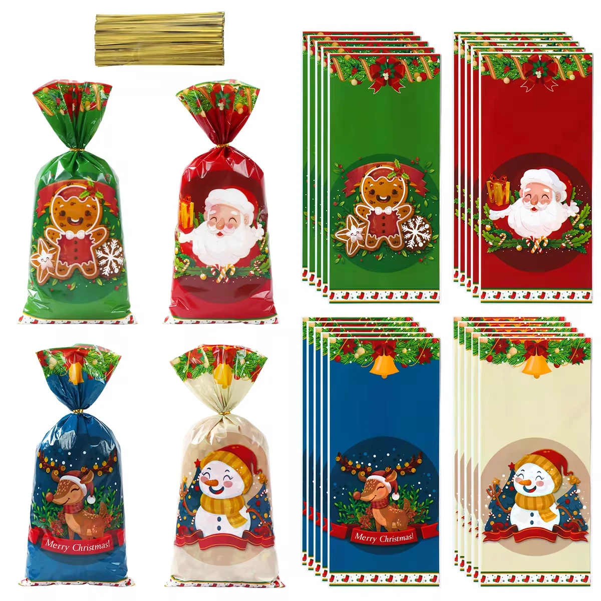 25/50/100pcs Christmas Candy Bags With Rope Biscuit Package Christmas Decorations 2024 for Home Xmas Party Supplies Gift Bags