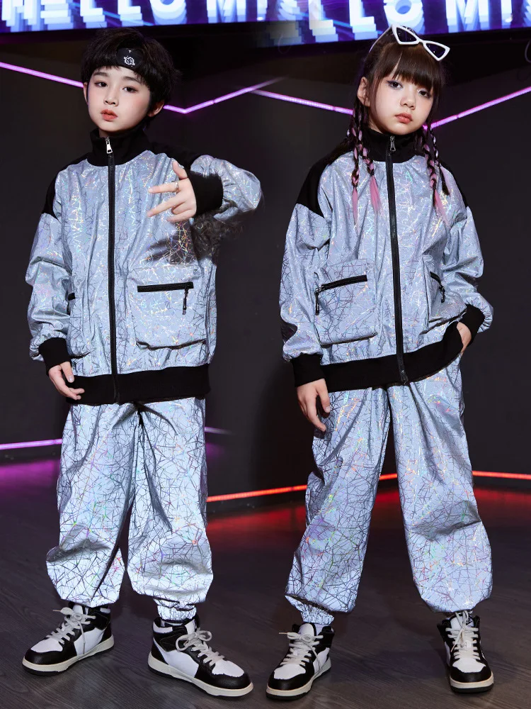 Kid Cool Hip Hop Clothing Reflective Geometry Print Jacket Top Casual Jogger Pants for Girl Boy Jazz Dance Costumes Clothes Set