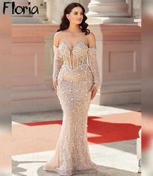 Robe de Soirée de Mariage en Perles Brillantes, Tenue de Luxe Faite à la Main, Style Sirène Dubaï, pour Occasions Spéciales, Champagne, 2024