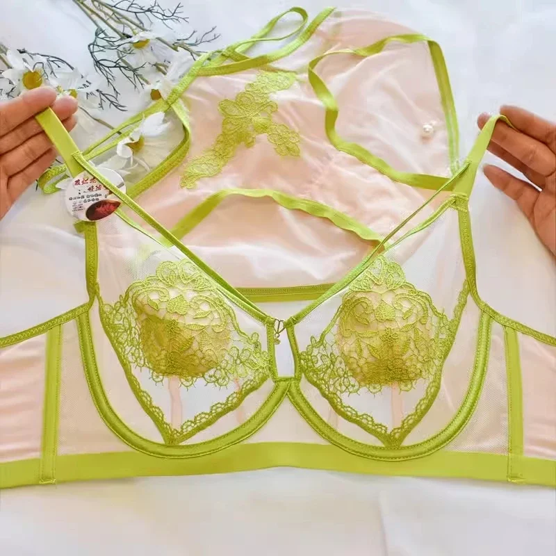 

Women's Green Two-piece Lace Mesh Bra and Underwear Set Swimwear Bikinis Panties Briefs Lingeries Underpant Panty Underwear Set