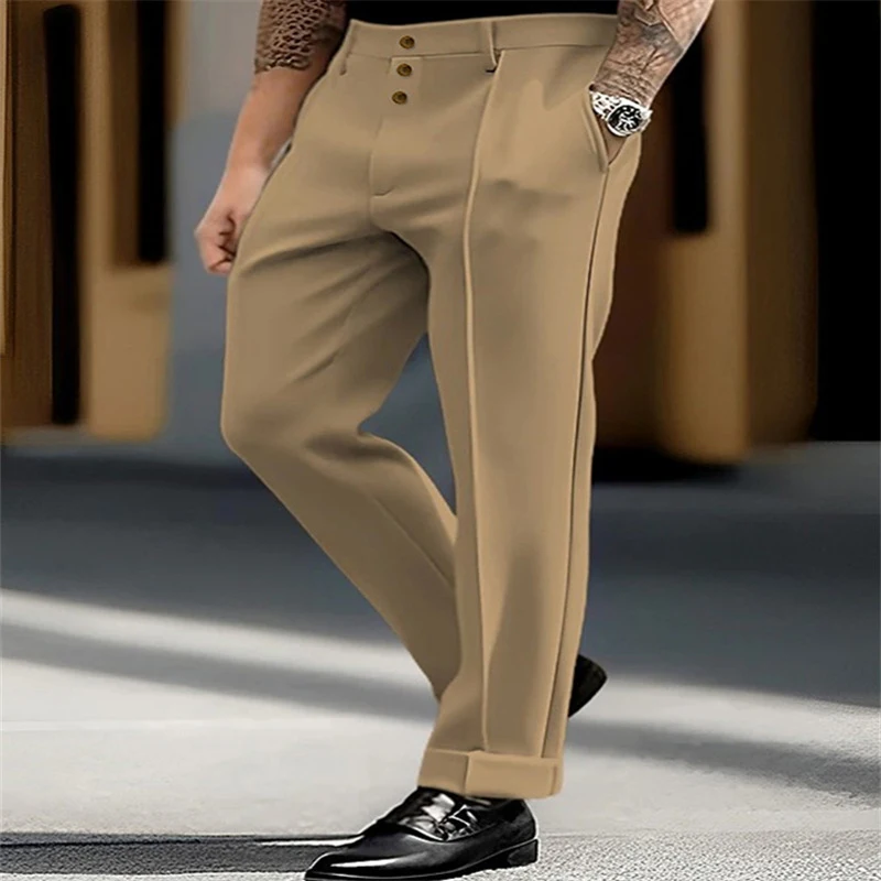 Vintage Buttoned Pleated Straight Trousers Mens Autumn Fashion Solid Color Loose Pants For Men Streetwear Clothing Casual Pants