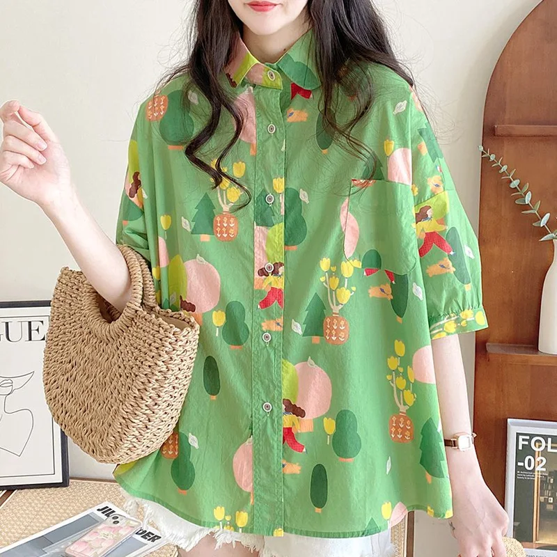 Summer New Doll Collar Fashion Printing Shirt Women High Street Casual Loose Button Cardigan Sweet Pure Cotton All-match Tops