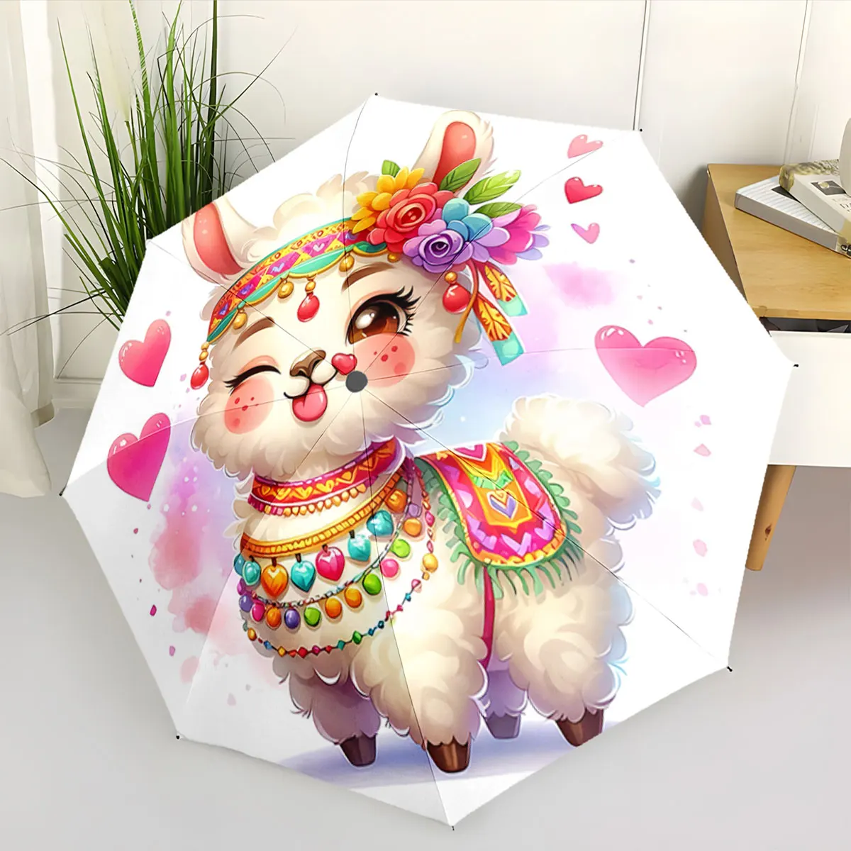 Cute Colorful Llama Design with Hearts and Flowers portable waterproof sun rain umbrella for outdoor travel beach