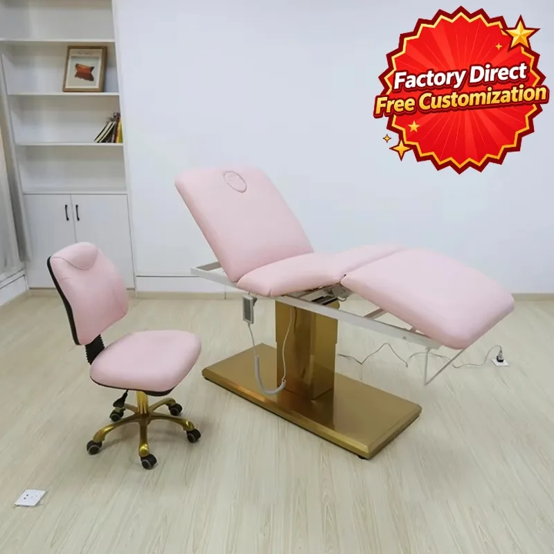 Electric Beauty Bed 3 Motors 3 Section Adjustable Massage Table Facial Tattoo Lash Bed Gold Base Pink
