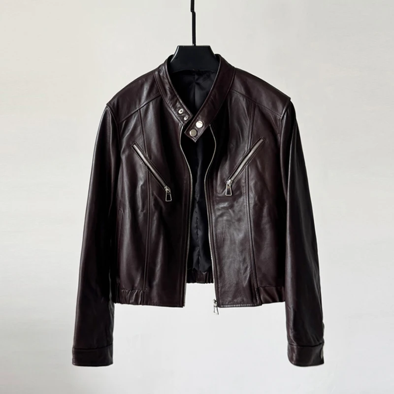 Giacca da motociclista e motociclista in pelle cerata retrò per donna Colletto alla coreana casual Cerniera Giacche da donna in vera pelle di pecora sottile a maniche lunghe