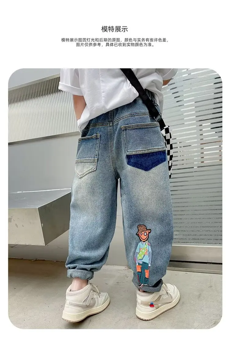 Spring Autumn Kid Boys Denim Pants Pockets Children Boys Jeans Loose Exterior Stylish Students Boys Pants 2-10 Years Students