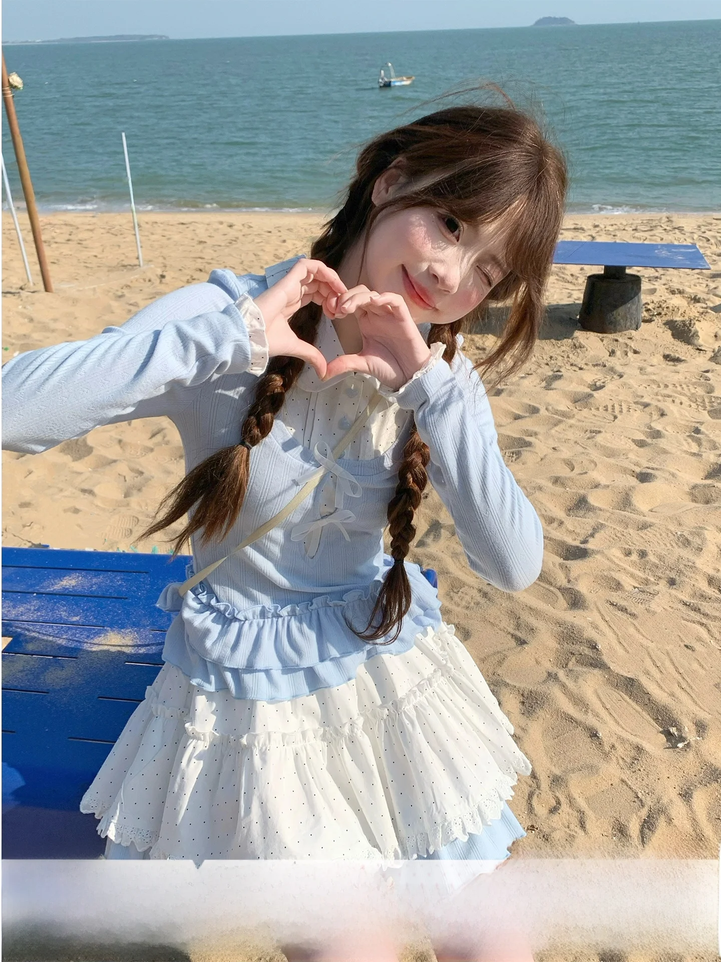 

Spring Faion Set Sinsinger Long Sve Polka Dot T-irt And Cake Skirt Slim Fit oulder Length Doll Collar Fake Two-Piece