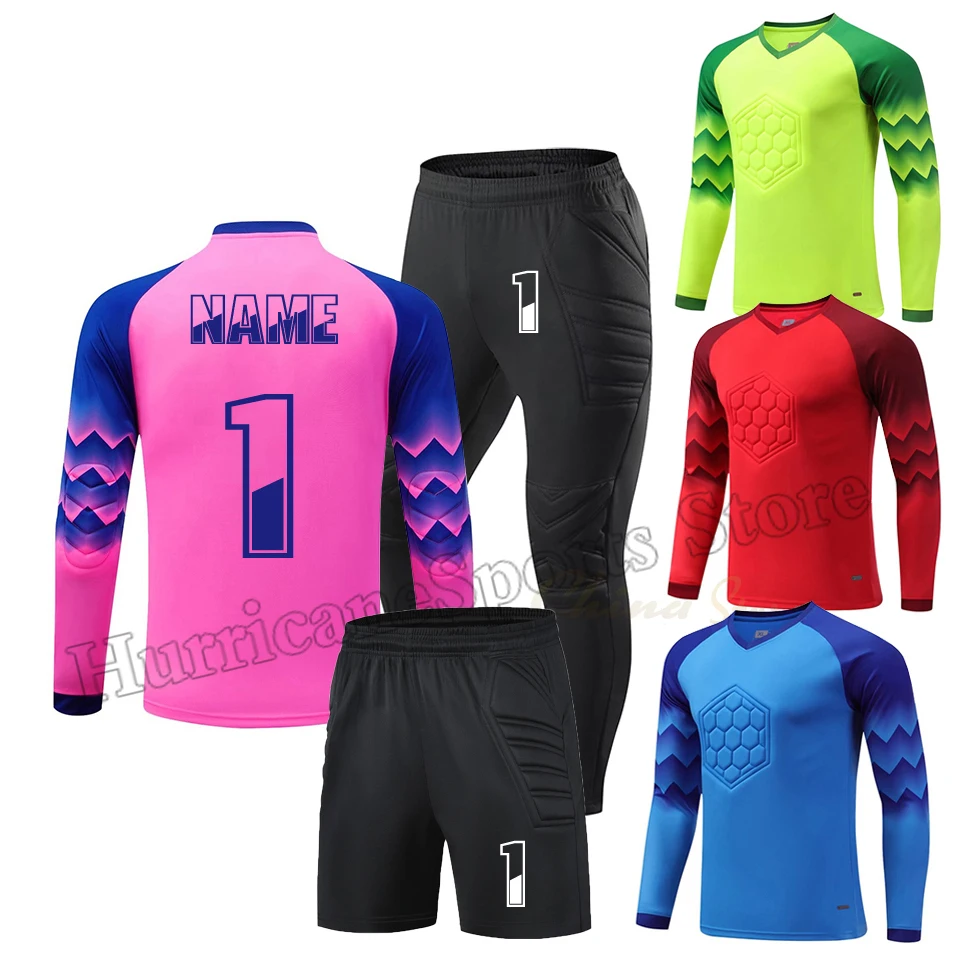 

2024 Men Kid Football Goalkeeper Uniform Protective Sponge Long Sleeve Soccer Training Goalkeeper Top Soccer Jersey Pants Custom