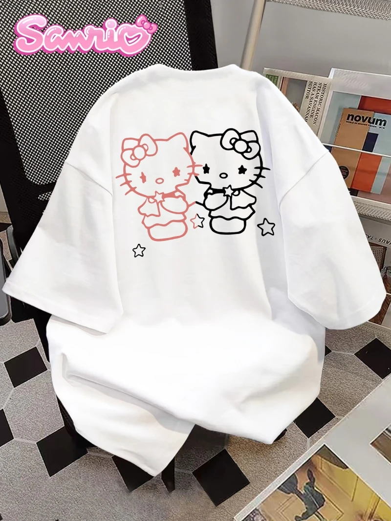 

Женская летняя удобная футболка Sanrio Hello Kitty — белая милая футболка с принтом «Hello Kitty» и Melody на спине, футболка с аниме-кавайным рисунком
