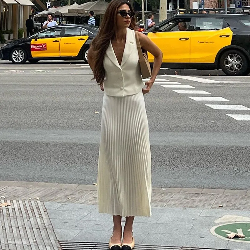 Work Office Lady Two Piece Skirt Set Summer Elegant Sleeveless Vest With High Wiat A Line Pleated Skirt Women Two Piece Dress