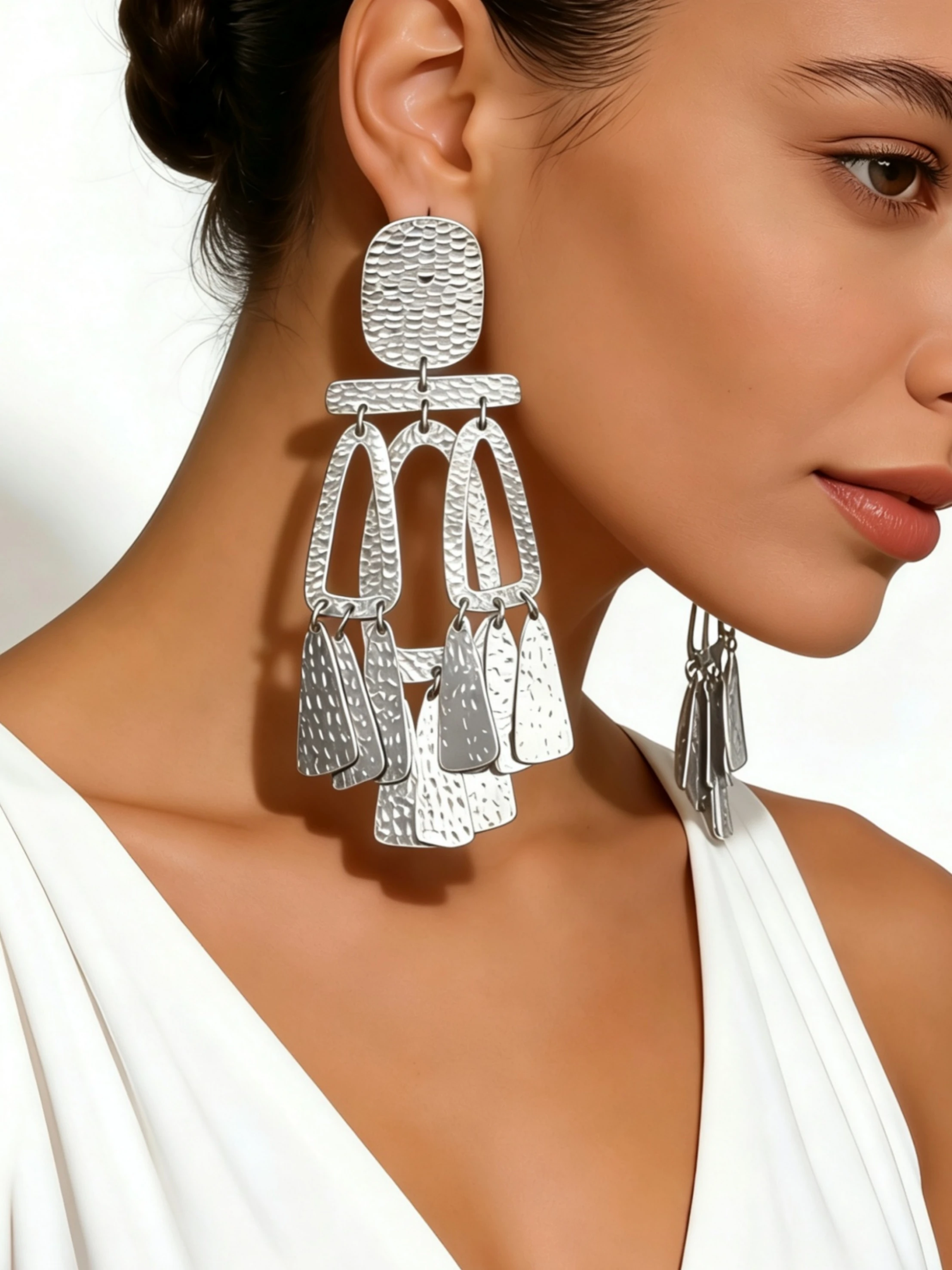 Fashionable Long Dangle Earrings for Women Hammered Texture Geometric Hollow Multi-layer Tassel Drop Earrings