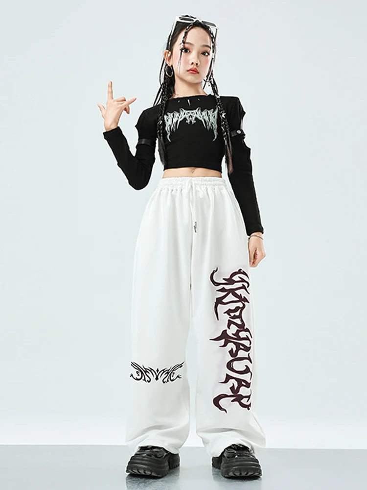 Traje de baile de Jazz de estilo gótico para niñas, Tops negros, pantalones blancos, ropa de actuación de Hip hop, traje de escenario de concierto Kpop, BL13015