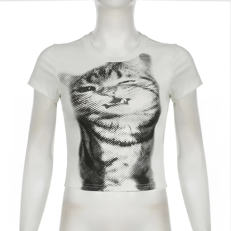 T-Shirt mit Wildkatzenmuster, niedrigem Pixel-Aufdruck, Rundhalsausschnitt, kurzen Ärmeln, Retro-Stil, vielseitig kombinierbar, figurbetontes, kurzes Oberteil – Detail 9