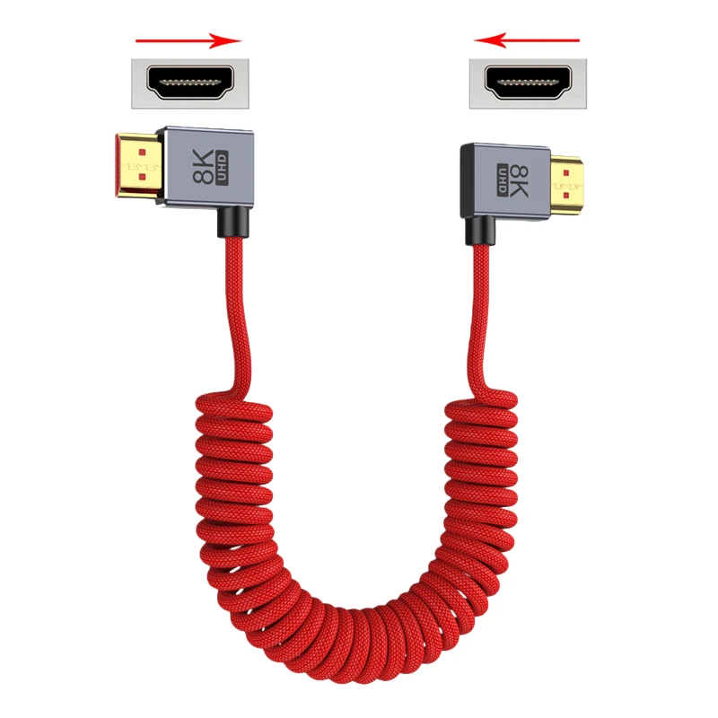 8K UHD Coiled Spring Cable 48Gbps 8K@60Hz 90 Degree Right Angle Male to Male Braided Cord for Camera Monitor Game Console Laptop