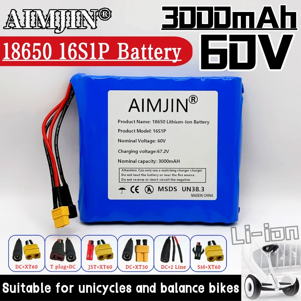 

18650 16S1P Rechargeable Battery 60V 3000mAh Lithium Battery Pack Built in BMS for Electric Unicycle Balance Bikes Scooter Batte