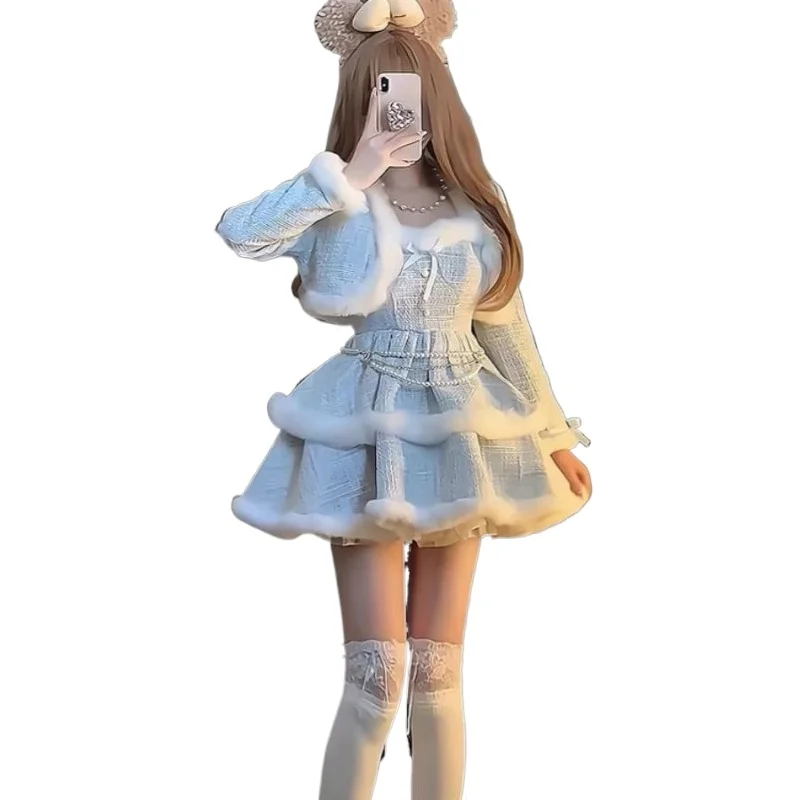 Fall Winter Small Fragrant Style Celebrity Daughter Gold Style Sweet Tutu Skirt Mao Mao Splicing Dress Short Jacket Premium Suit