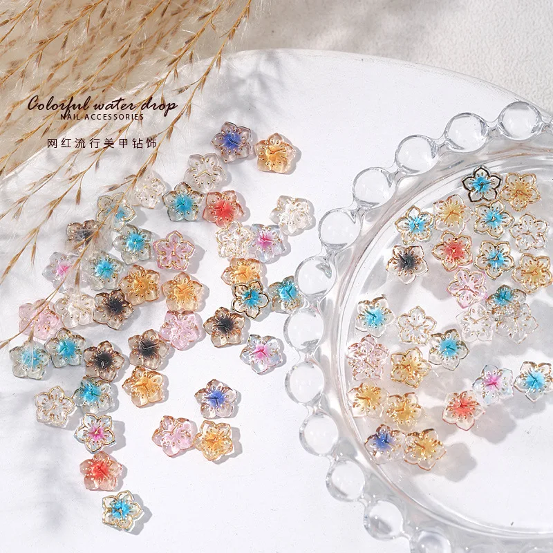 40pcs Resin Floral Nail Decoration Gold Edge Lucky Clock Colorful Flower Trend Nail 3D For DIY Manicure accessory