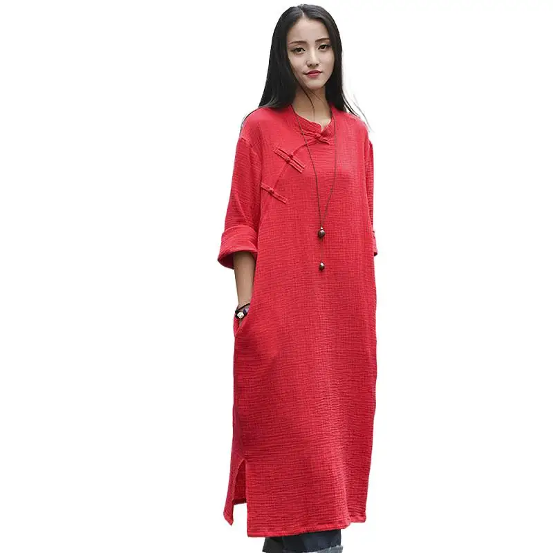 

Women Stand Collar Long Sleeve Summer Dress Cotton Linen Solid Soft Vestidos Dress Vintage Party Mid-Calf Dress vintage clothes