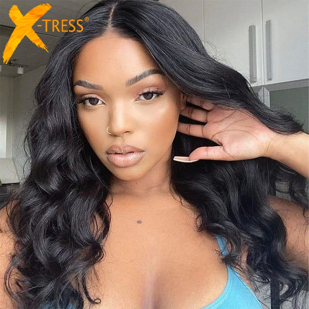 X-TRESS Medium Length Synthetic Lace Front Wig With Baby Hair Natural Loose Wave Dark Brown Heat Resistant Wavy Wigs For Women