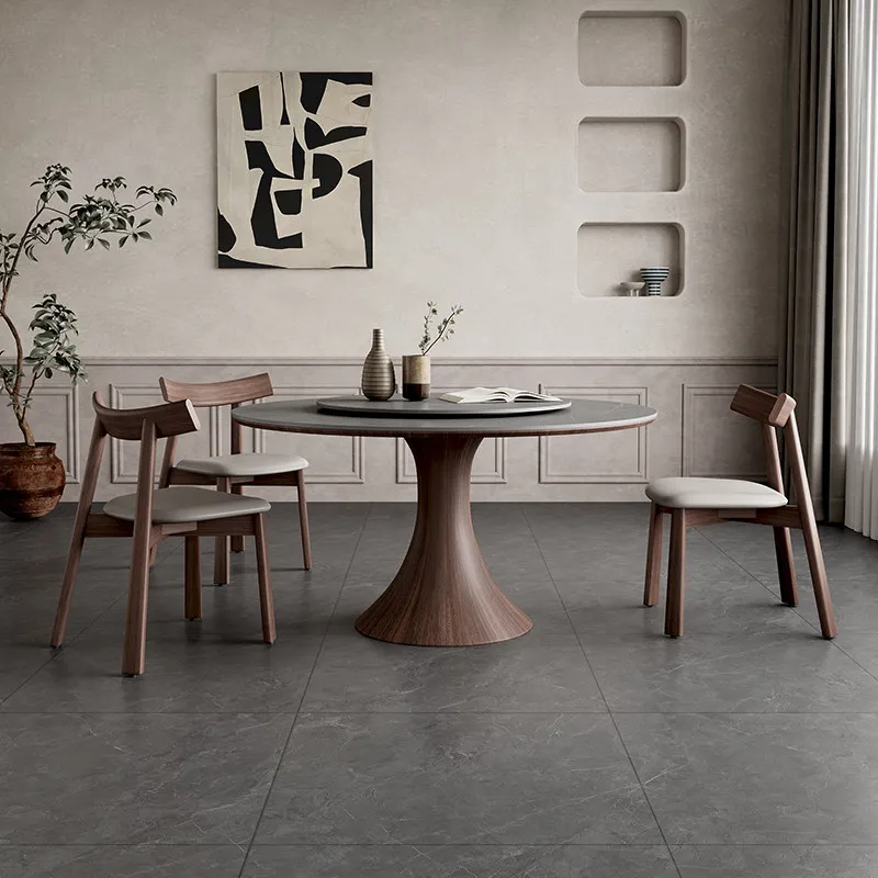 Nordic solid wood dining table round turntable modern simple walnut sticker wabi sandy wind Italian matte rock slab round table