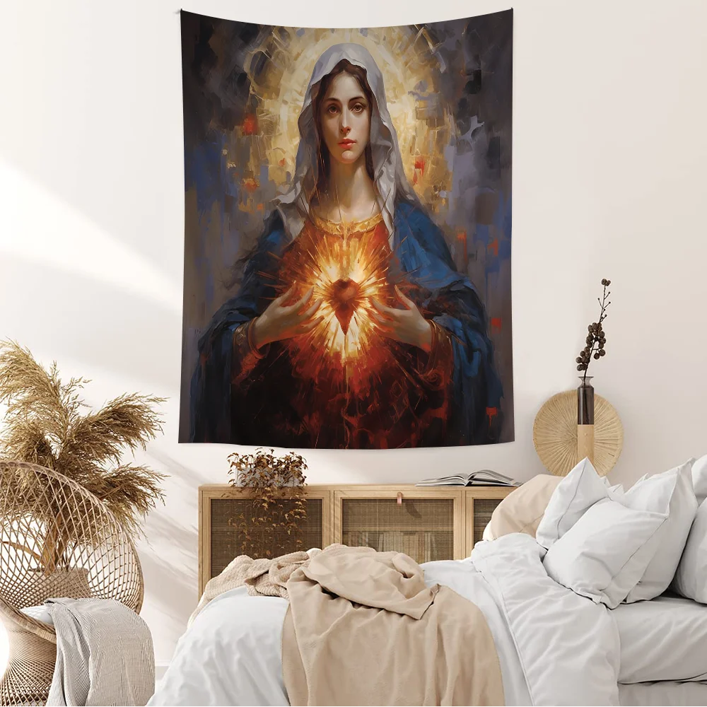 Sacred Heart of Jesus Canvas Painting Mary Hanging Bohemian Tapestry Cheap Hippie Wall Hanging Bohemian Wall Tapestrie