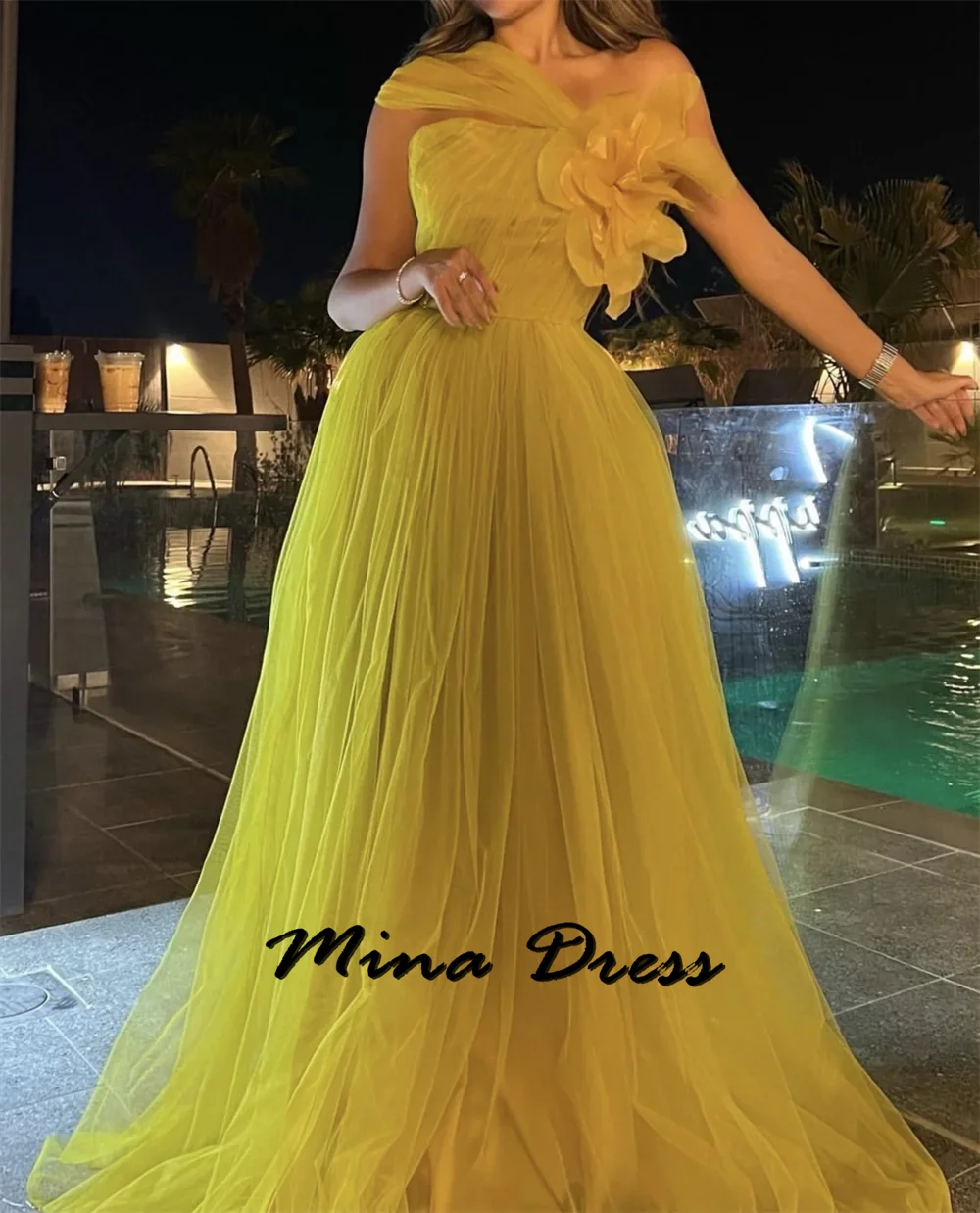 Mina-Evening gown with 3D tulle flowers for women, yellow suit in the form of a tight fitting bra, elegant and square, dinner, 2