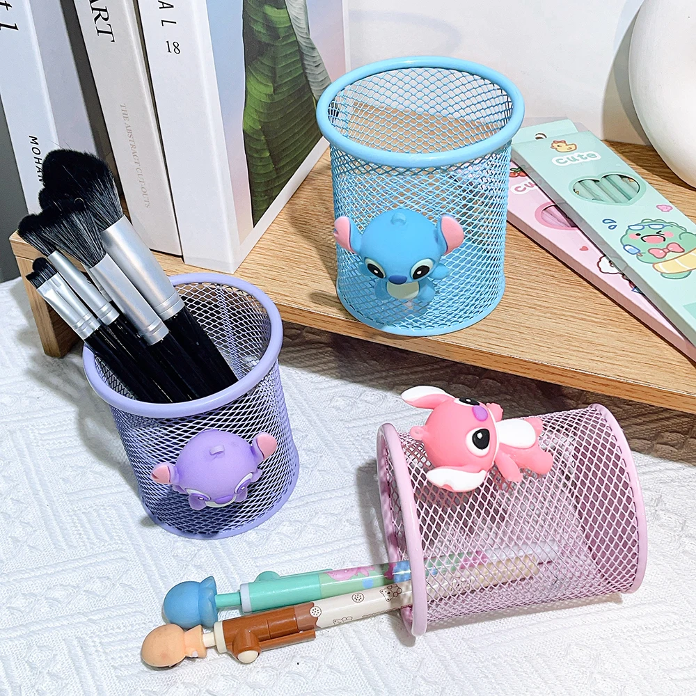 Disney Stitch Doll Design Metal Mesh Pen Holder - Square/Round Desk Organiser Container, Durable IP Pencil Case for Fans