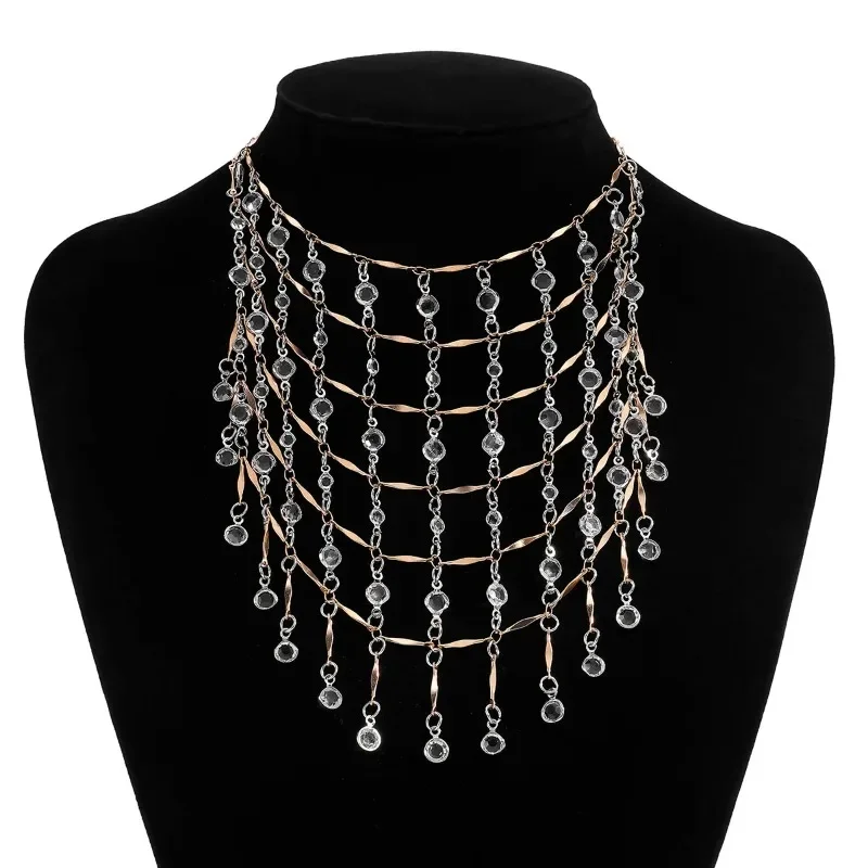 Luxury Multi Layer Crystal Tassel Choker Necklace Women Shiny Rhinestone Fringe Bib Necklace Statement Wedding Party Evening Jew