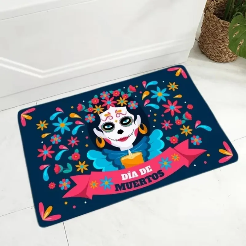 VIKAMA Navy Day of Dead Skull Cactus Maraca Door Mat Durable Non Slip Entryway Porch Party Reading Corner Holiday Home Decor