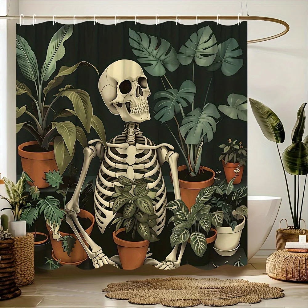Halloween Skeleton Bath Accessory with Potted Plant and Tropical Palm Leaves Design, Polyester Fabric Bathroom Decor with Hooks,