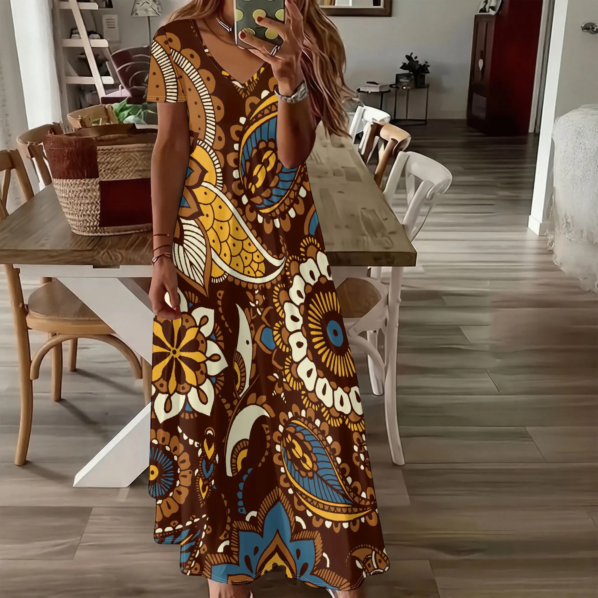 

Summer Women's Short Sleeved V-neck Long Dress, 3D Fashionable Printed Pattern dress, Casual Vacation Style.