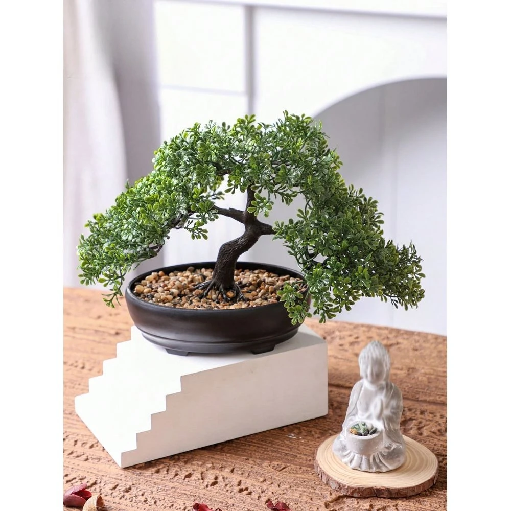 20cm Potted Artificial Bonsai Faux Plant With Black Pot For Home And Office Decoration