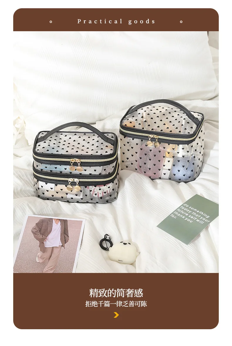 Doppelschichtige schwarze Mesh-Kosmetiktasche für Reisen, tragbar, großes Fassungsvermögen, Make-up-Koffer, Organizer, Aufbewahrungstasche, Kulturbeutel mit Reißverschluss – Detail 3