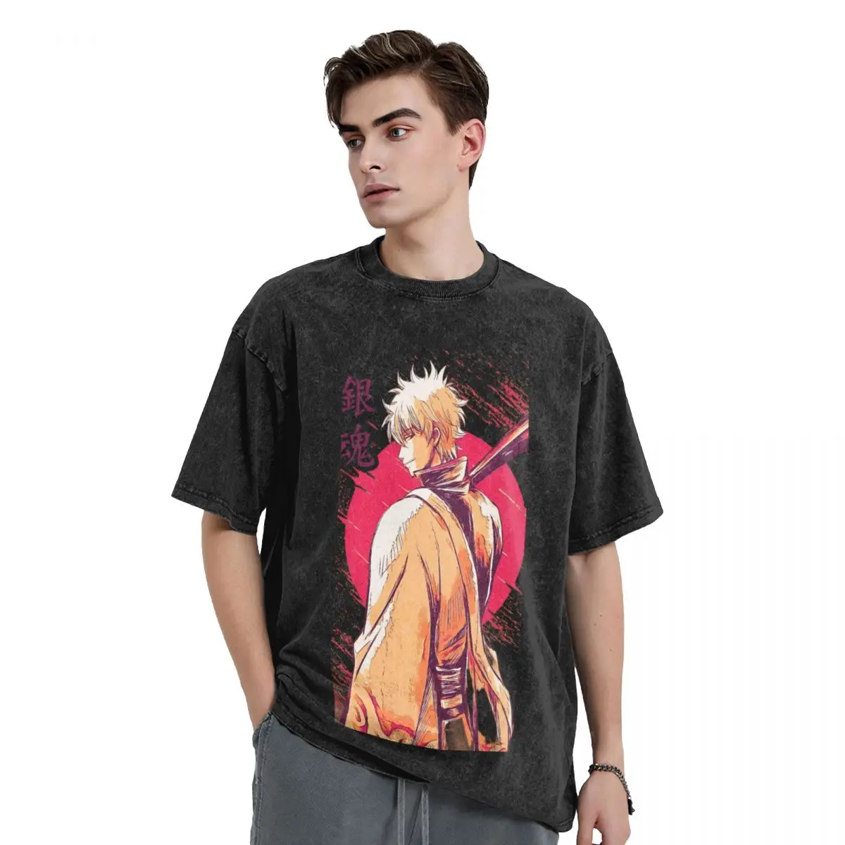 Gintoki Washed T Shirt Streetwear Retro T-Shirts Gintama Adventure Samurai Tee Shirt Men Women Short Sleeve Street Graphic