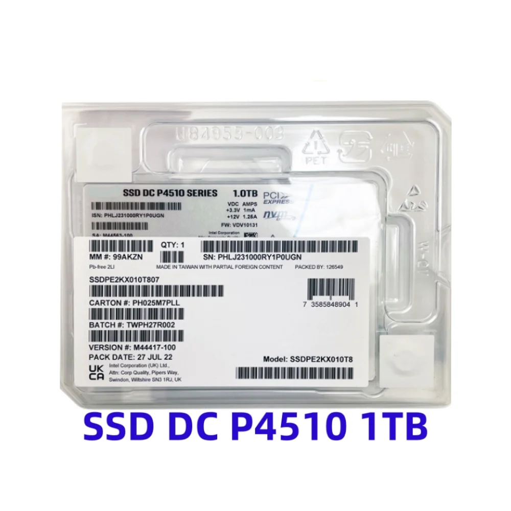 Unidade de estado sólido para Intel, P4510, 1TB, SSDPE2KX010T8, U.2 NVMe, nuvem de gravação, servidor, empresa, SSD, 1t