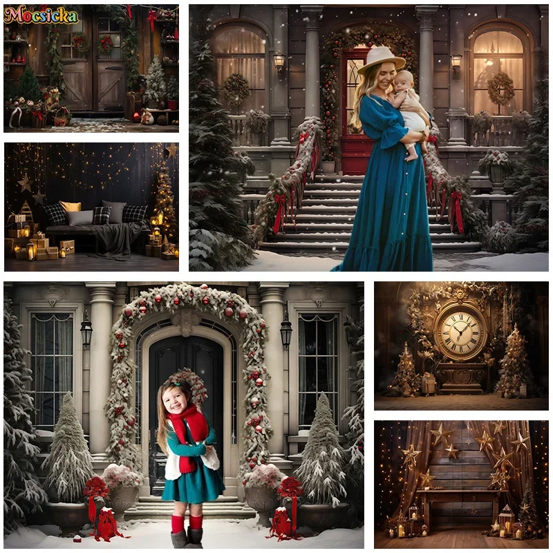 

Winter Photography Background Xmas Party Christma Tree Wooden Door Snowy Backdrop New Year's Eve Kids Portrait Photo Banner