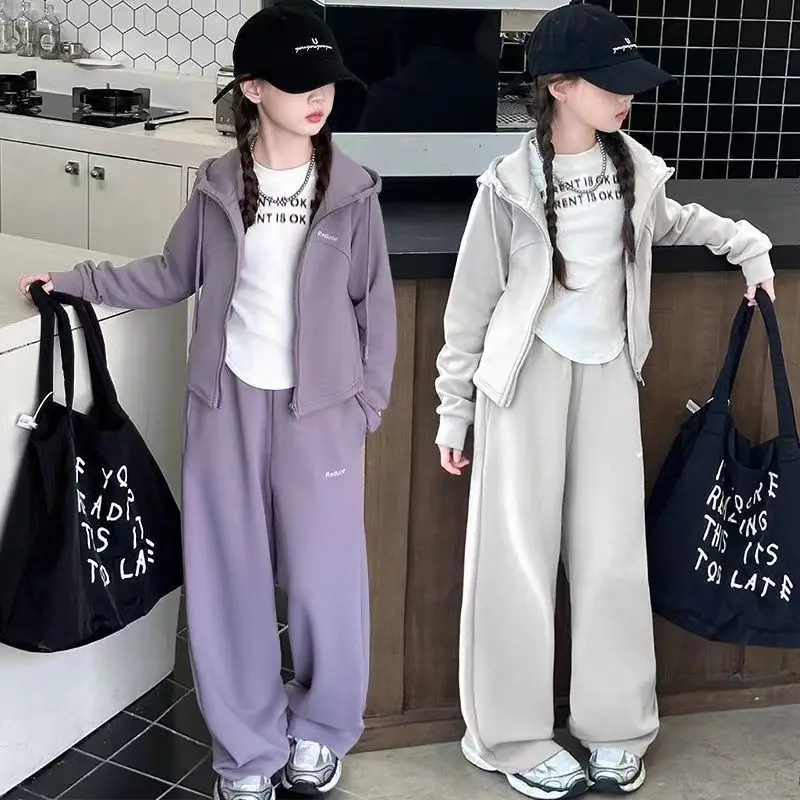 

Girls2026New solid color hooded suit for spring and autumn, stylish and trendy, casual two-piece set for older children, includi