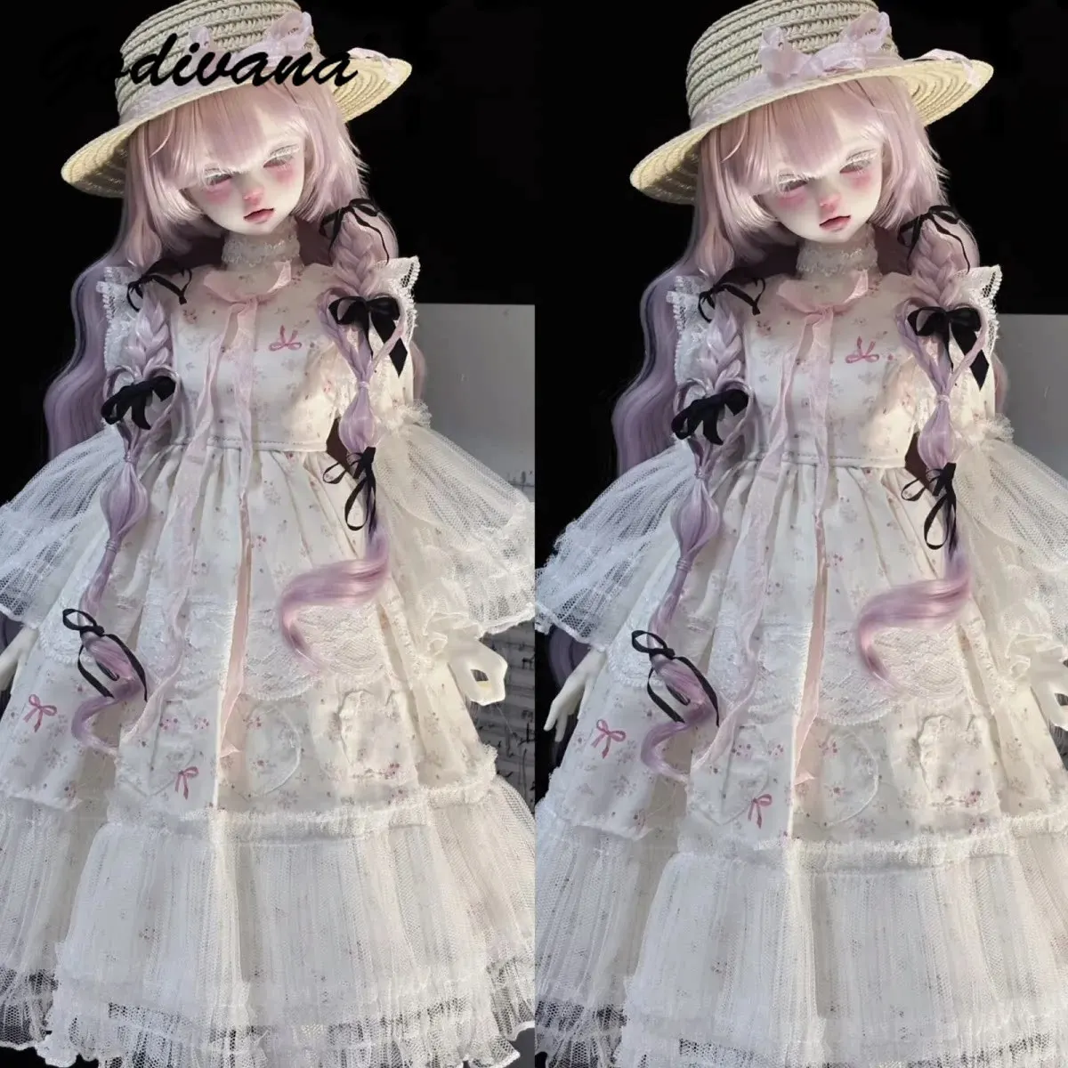 Наряд для куклы BJD 1/4: милое платье в стиле лолита с цветочным кружевом, пышными рукавами и рюшами, с соломенной шляпой, одежда для кукол с телом Nannan.