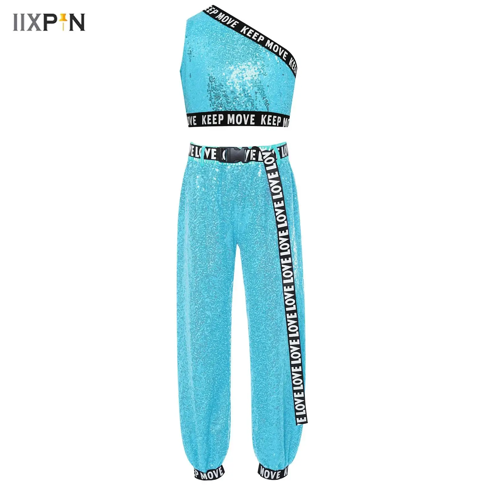 

2Pcs Kids Girls Hip Hop Jazz Dance Outfit Short Sleeve Mesh Patchwork Cutout Back Shiny Sequins Crop Top+Pants+Letter Print Belt